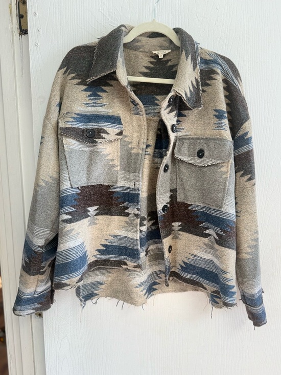 La Miel Aztec Shacket Jacket Oversized Boho Western Coachella Raw Hem Tribal M - Picture 2 of 7